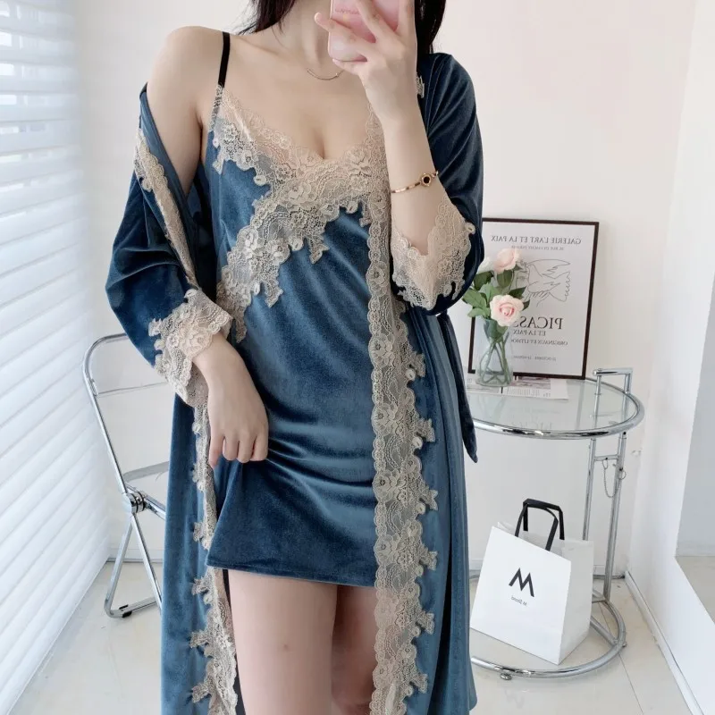 Velvet Women Homewear Sexy Lace Kimono Bathrobe Gown Trim 2PCS Robe Set Loose Casual Lounge Wear Autumn Winter Velour Sleepwear