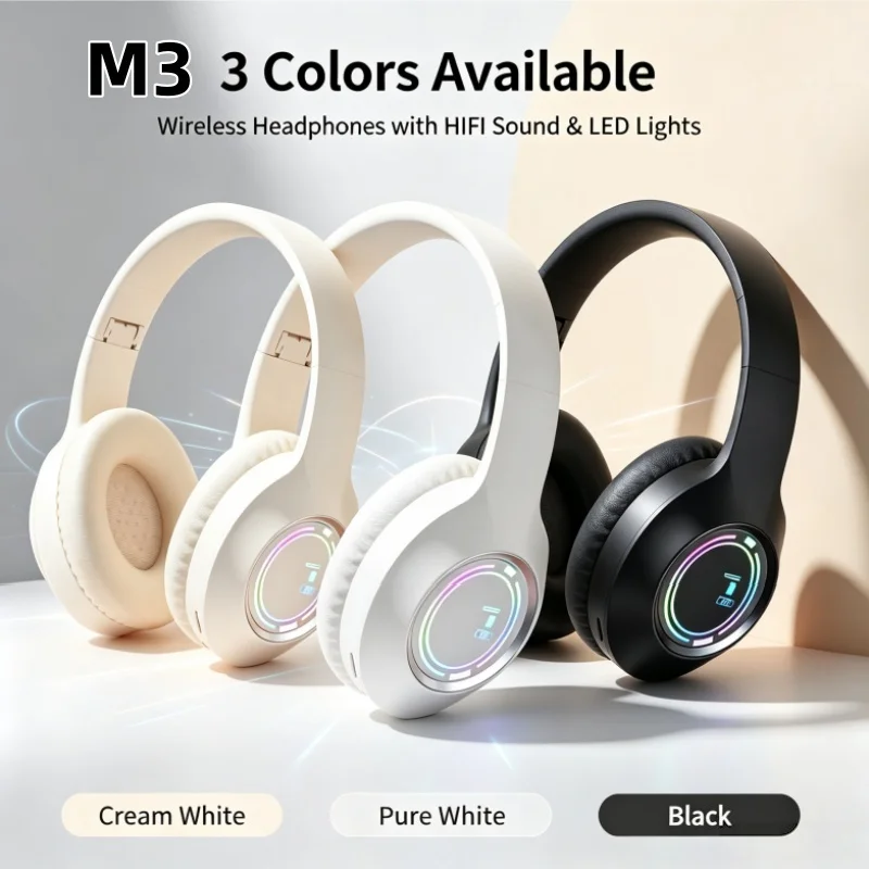 New M3 Overhead Bluetooth Noise-Cancelling Headphones 5.2 with Cool Color Lights Card Insertion Folding Glowing Gaming Long-Stan