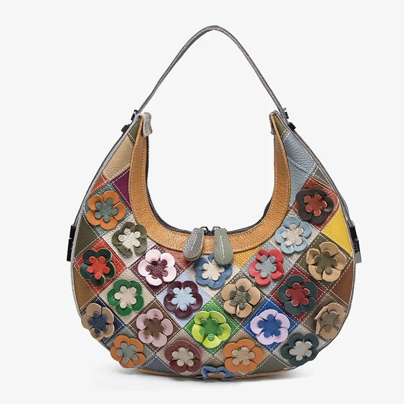 European and American hand color splicing diamond check flower handbag single shoulder crossbody armpit baotou layer cowhide