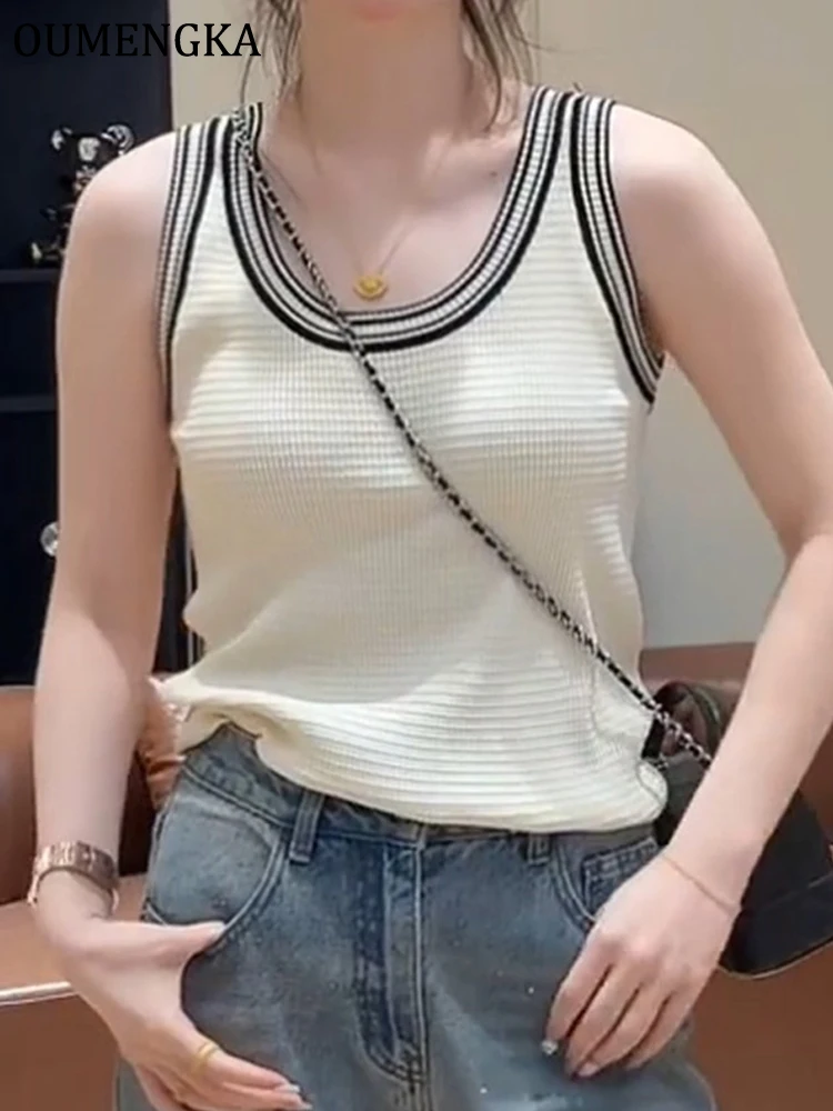 Summer Striped Neck/Bottom Tank Tops Women Sleeveless Knitted T-Shirts Crop Female Elastic Mask-Inspired Fitted Crop Base Layer