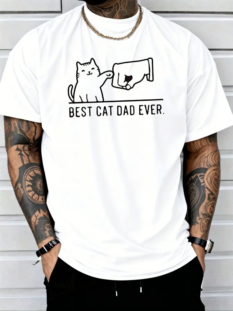 Men's Cat Dad T-Shirt With Paw Print Suitable For Cat Lovers Gift Crew Neck Casual Tee Machine Washable Summer Top For Cat Owner