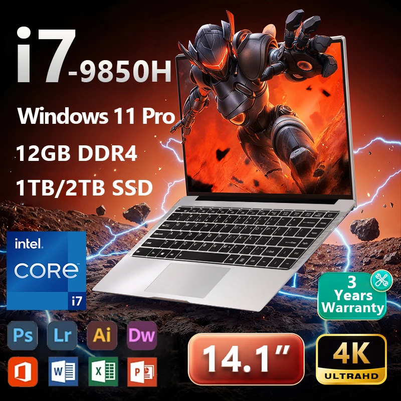 

New Portable Laptop Intel Core i7 9850H Computer 14.1 inch 1920*1080 HD Gaming Laptops Windows 11 12GB DDR4 1TB SSD PC Notebook