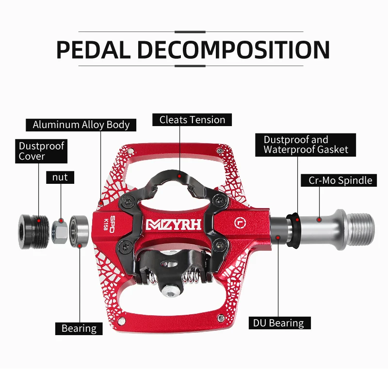 MZYRH  Bicycle Pedal 2 In 1 With Free Cleat For SPD System MTB Road Aluminum Anti-slip Sealed Bearing Bike Pedels