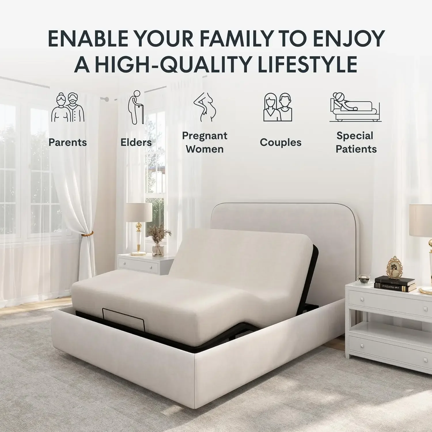 Adjustable Bed Frame Base Queen,Segmented Design,Easy Assemble,Adjustable Bed Legs, Oxford Fabric Bedspread,Wired Remo