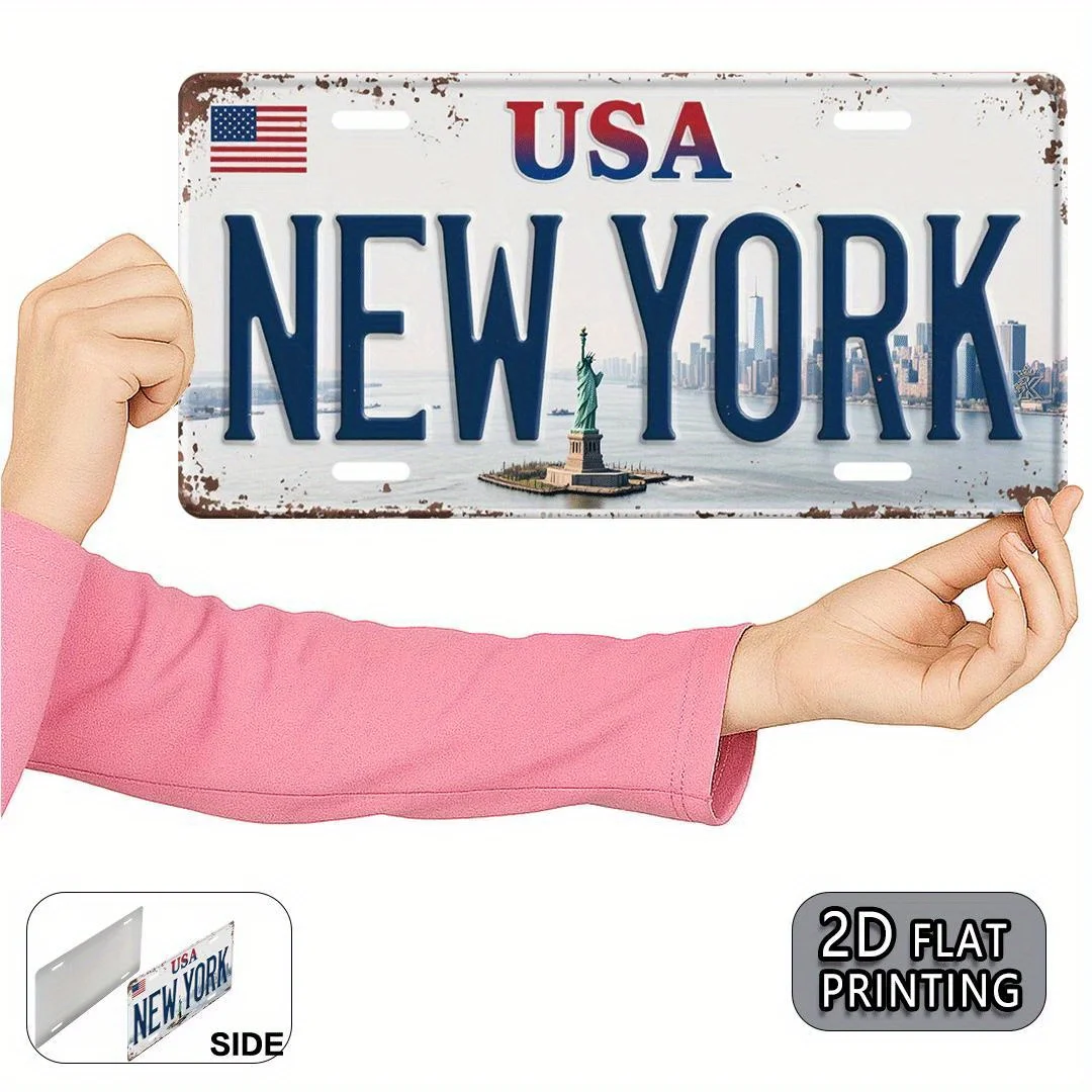 New York USA Statue of Liberty & Skyline Vintage License Plate Style Aluminum Metal Sign Retro American Travel Souvenir Wall Art