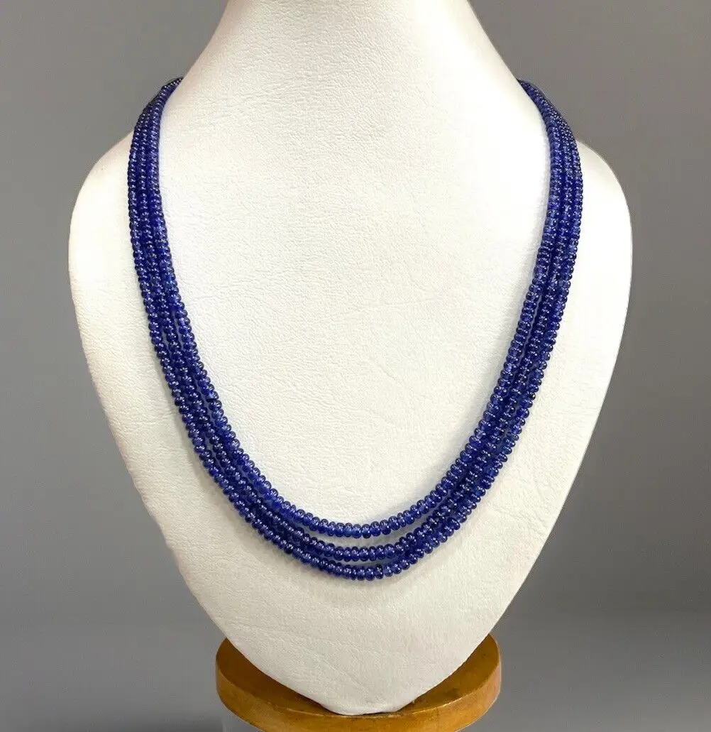 

Natural Blue Sapphire round Smooth 3 Lines Beaded Necklace,2*4mm,18 Inches,AAA+