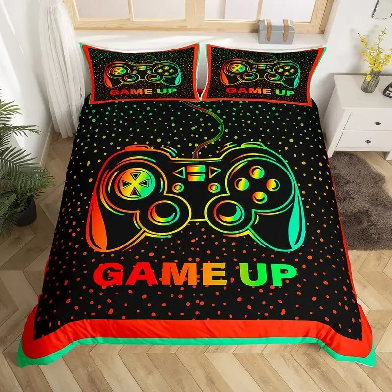 Gaming Bedding Set Hippie Graffiti Game Duvet Cover Set King Gamer Neon Purple Pink Quilt Cover Modern Gamepad Bedspread Cover