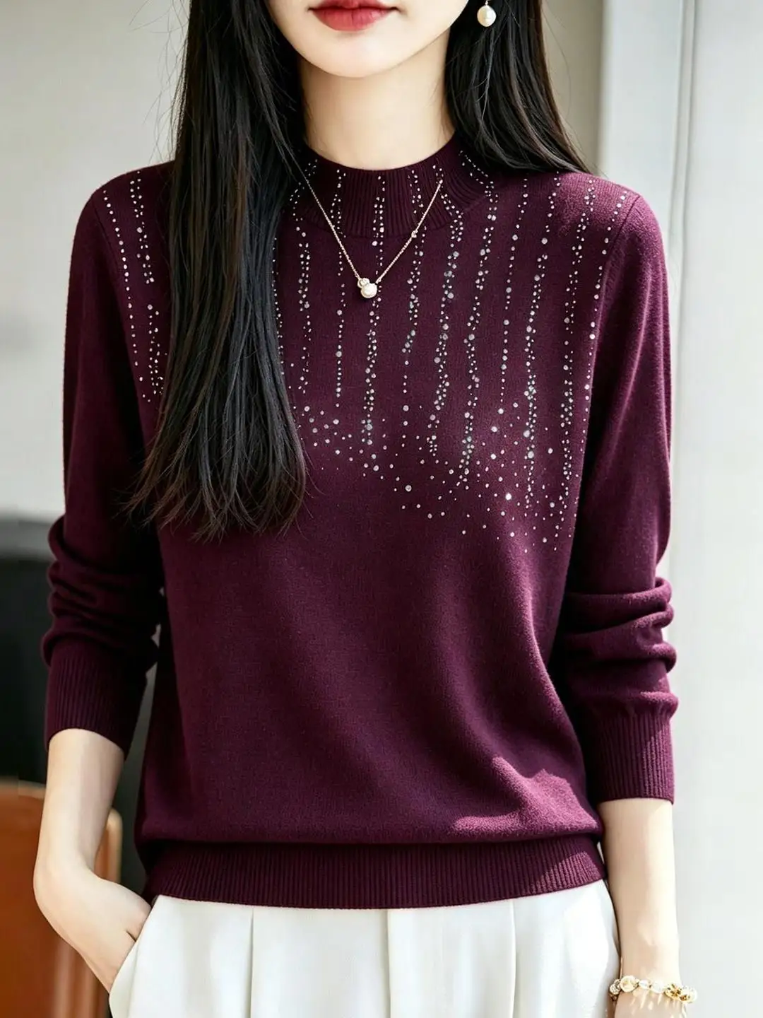  Heavy-Duty Sparkling Diamond Half-High Collar Loose Long Sleeve Knitted Sweater Women's Fashionable Versatile Base ...