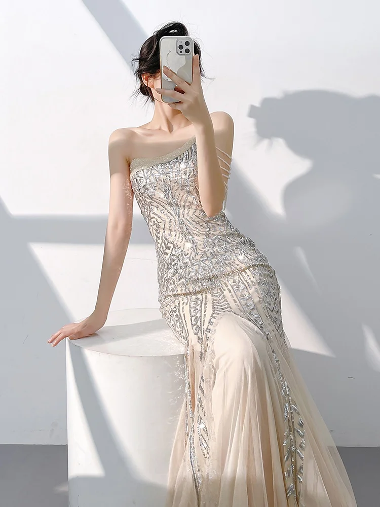 Champagne Color One oulder Evening Gown Women's 2026 New High-End Lightweight Luxury Host Year Conference Tail Fi Tail...