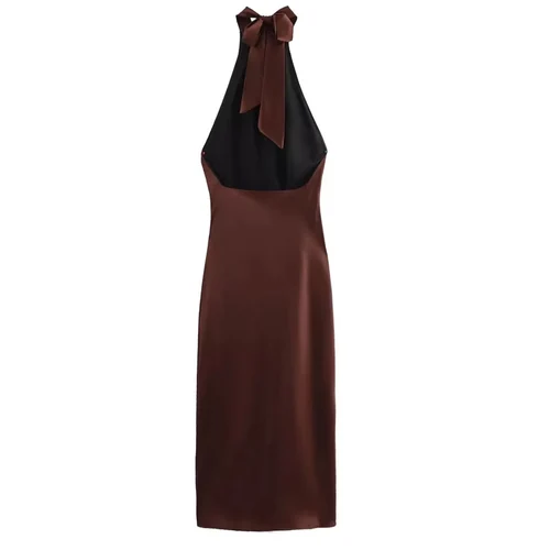 Imagen 2 del producto HXAO vestido largo de satén con cuello Halter para mujer, vestido Midi marrón con espalda descubierta atado, vestidos de fiesta con hombros descubiertos, vestido de noche plisado