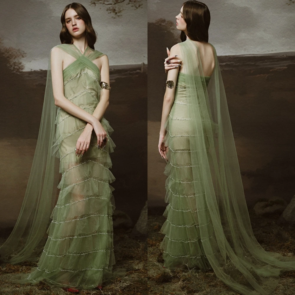 

Customized Exquisite Tulle Evening Dress Delicate Halter Prom Dresses Temperament Tiered Sleeveless Special Occasion Gowns