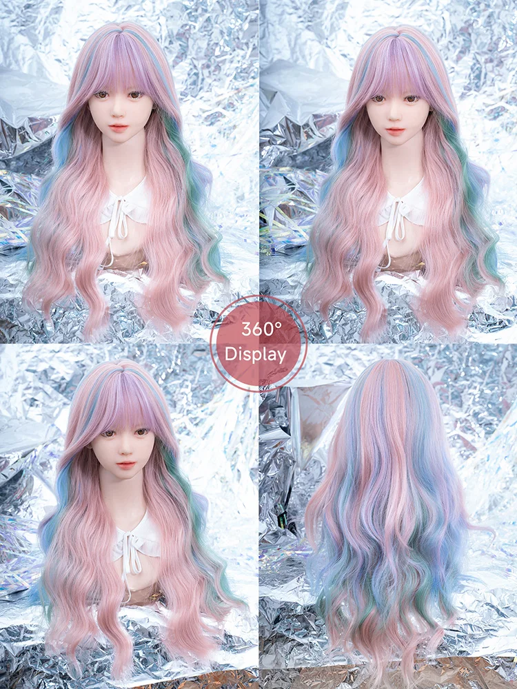 Peluca de pelo largo ondulado con flequillo para mujer, cabellera sintética multicolor de 28 pulgadas, estilo cómic, Color arcoíris, Cosplay,