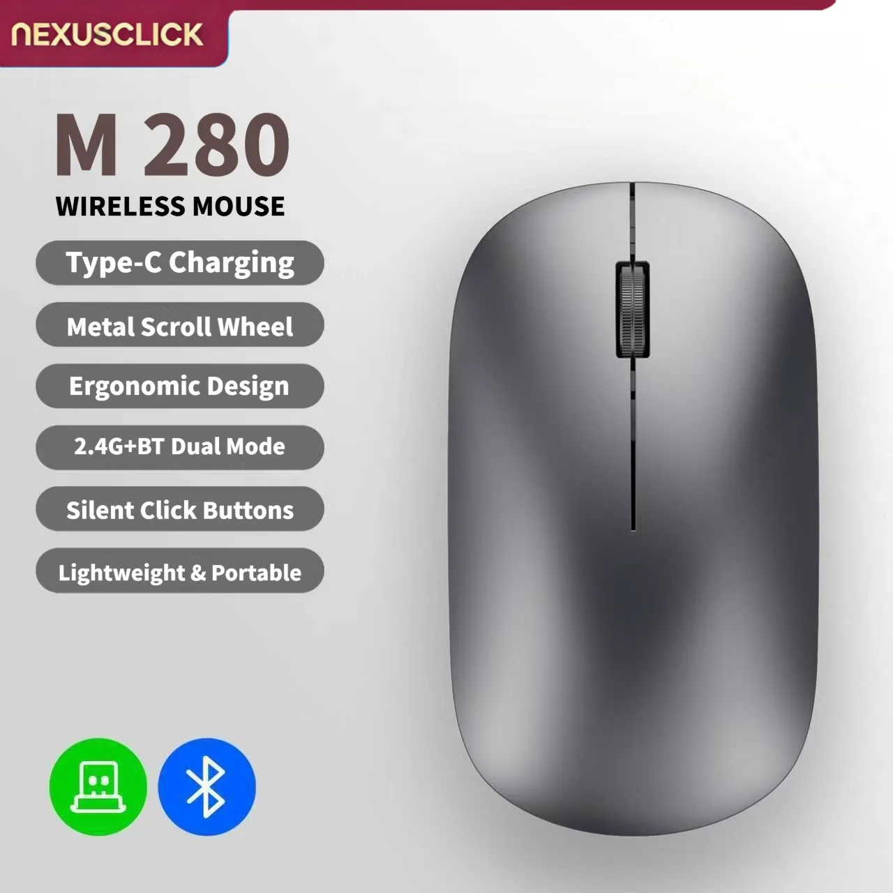 NEXUSCLICK 2.4G Bluetooth Dual Mode Wireless Mouse, Silent Click Rechargeable Type-C Ergonomic Optical Mice For Office Notebook