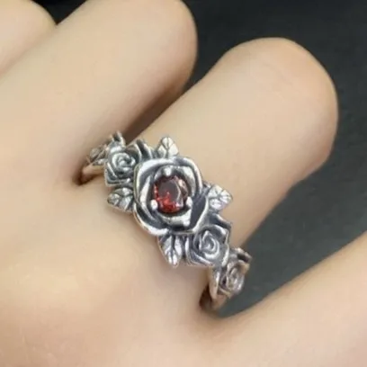 Women's special-interest design light luxury personalized s925 sterling silver vintage red zirconium rose thorn chain open ring