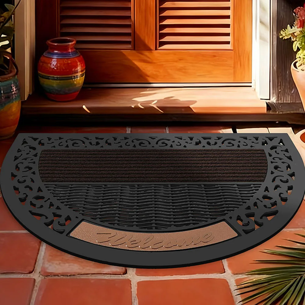 Doormat Semi-Circle Rubber Floor Mat with Hallow out Design Weather-Proof Welcome Mat Anti-Slip for all Floor Types