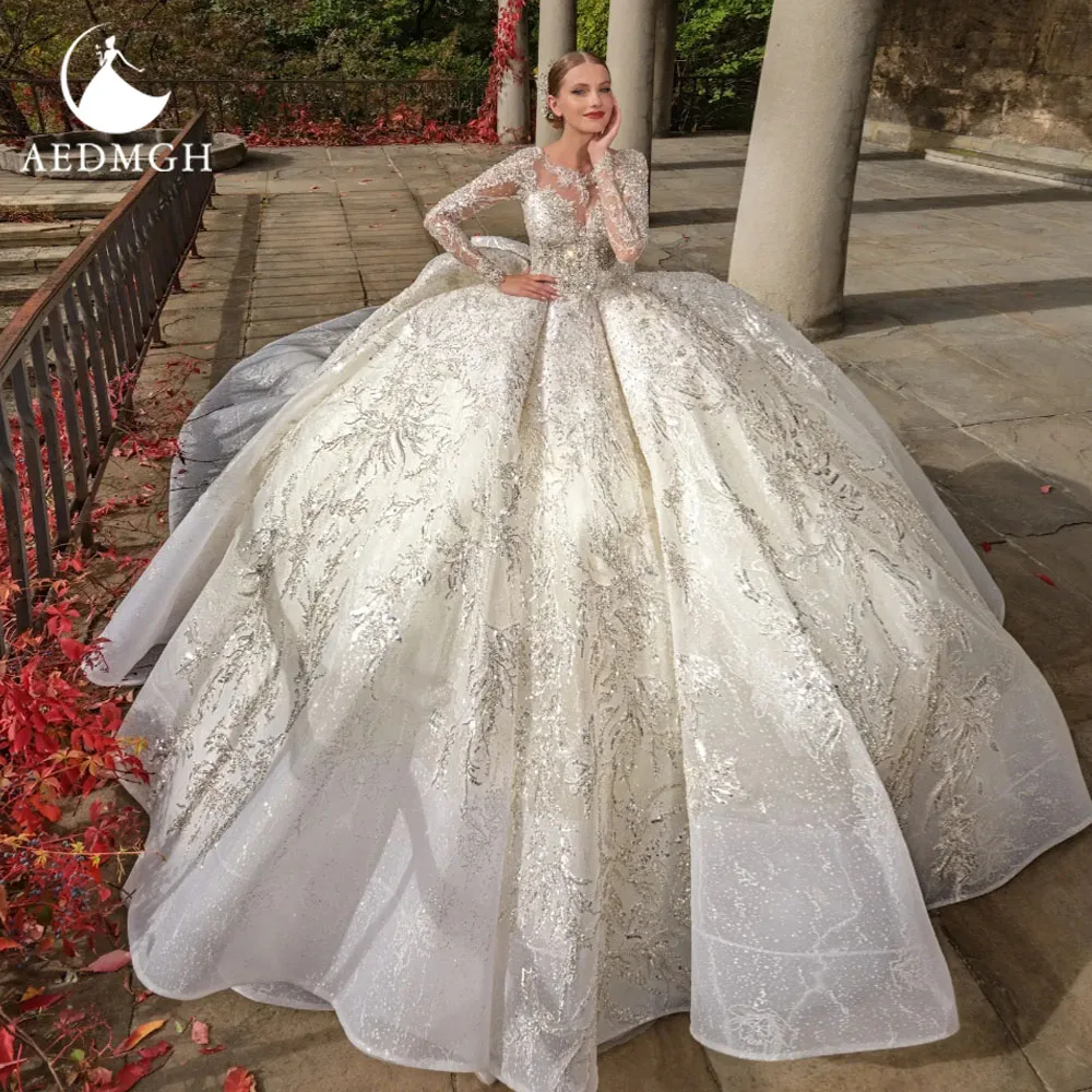 

Aedmgh Ball Gown Royal Wedding Dresses O-Neck Vestido De Novia Lace Embroidery Chapel Train Luxury Custom Made Bridal Gowns