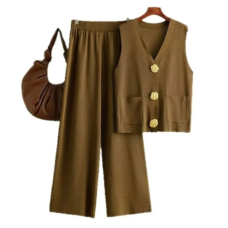 

New sleeveless button knit top+solid color casual wide leg pants two-piece set