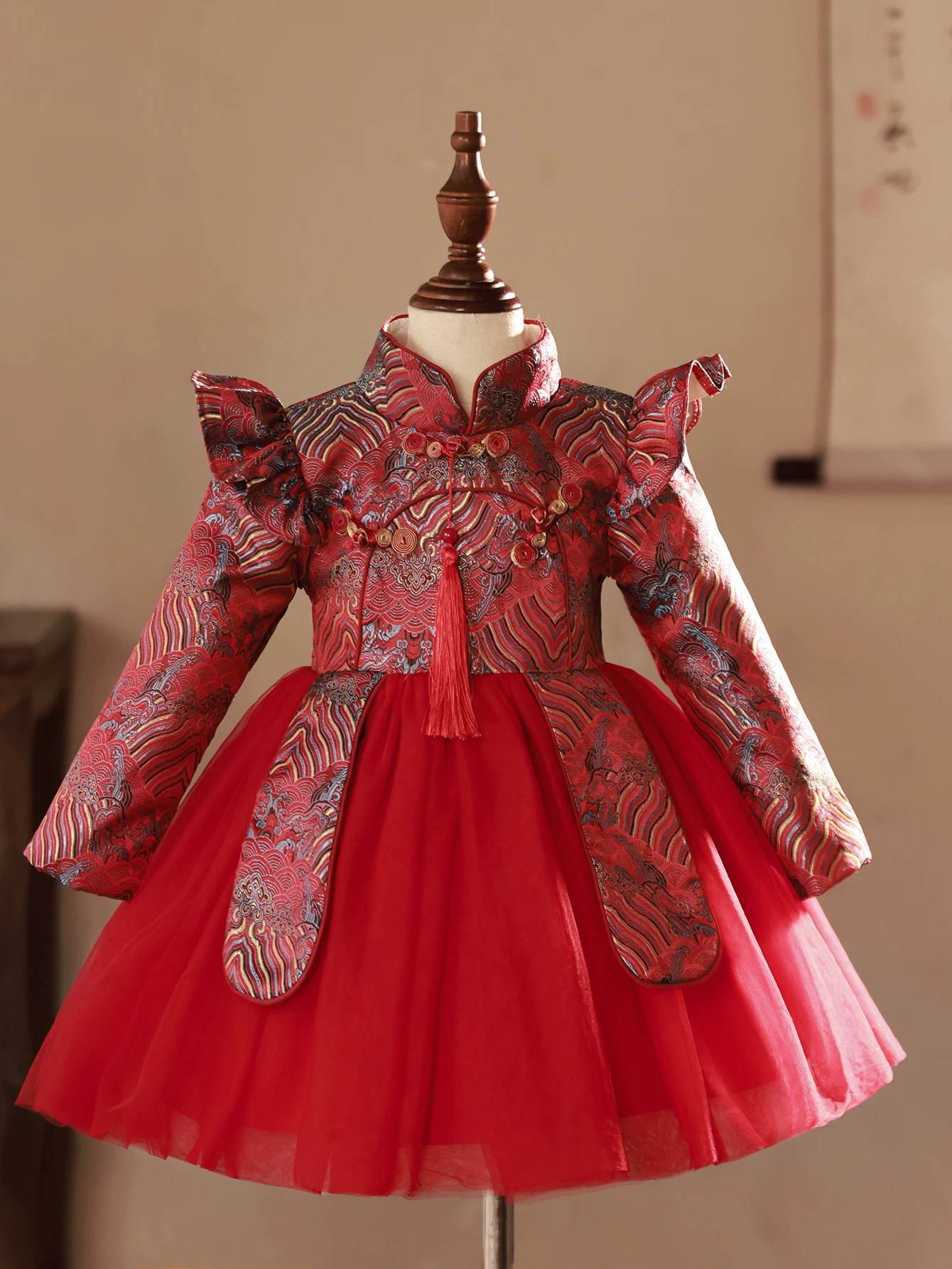 High-end  Jacquard Autumn and Winter Girls' New Year Dress Children's Red New Year costume