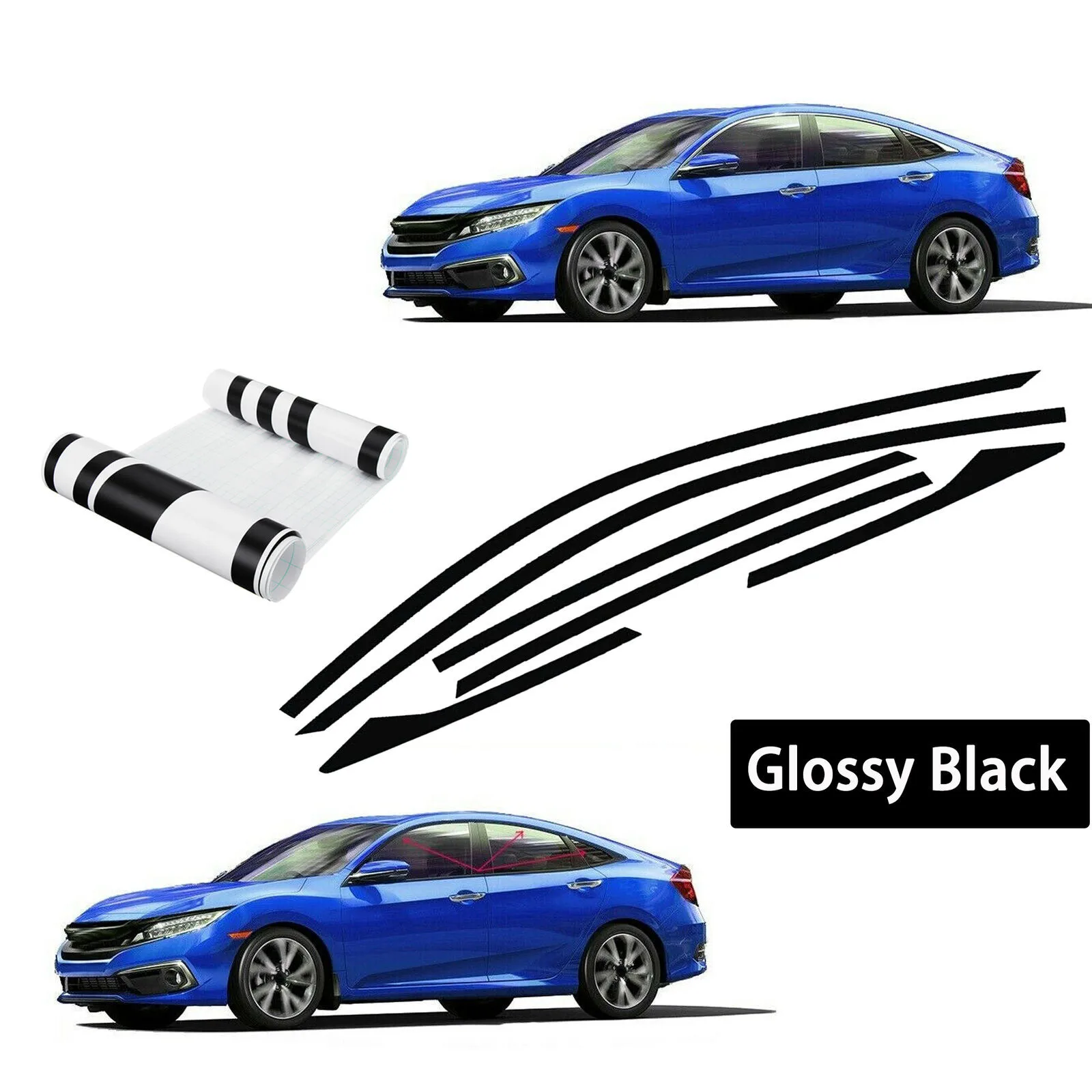 6PCS Glossy Black Chrome Delete Blackout Casement Trims For Civic Sedan 16-20 Car Window Curtains Decorate Stickers