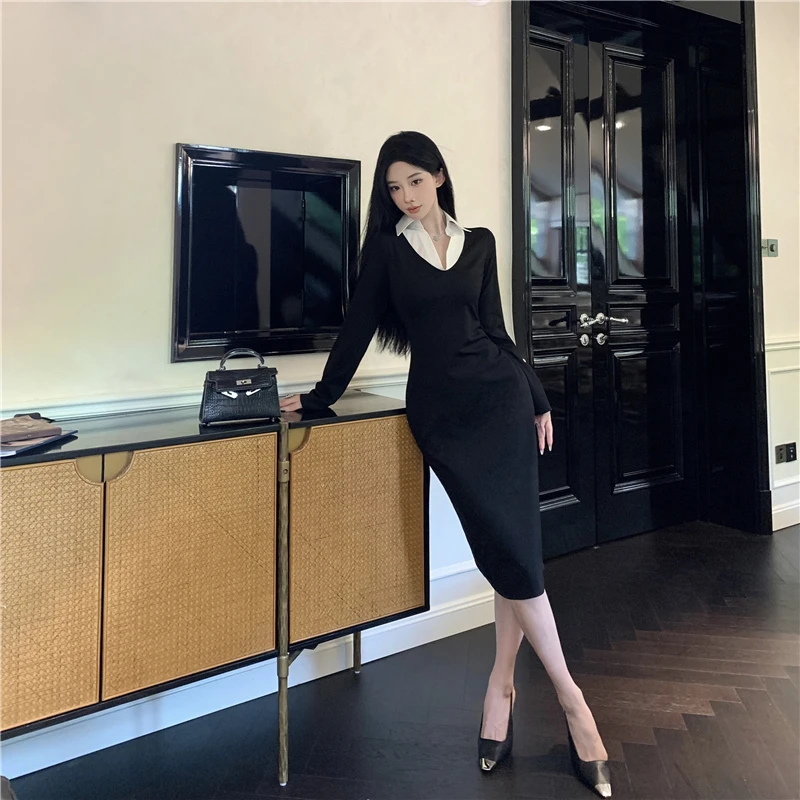 التخسيس لصق تصميم Ne Long Sve V-Ne مثير Ele الخريف الشتاء جديد Sle المرأة الدكتور عالية الخصر ألف خط تنورة