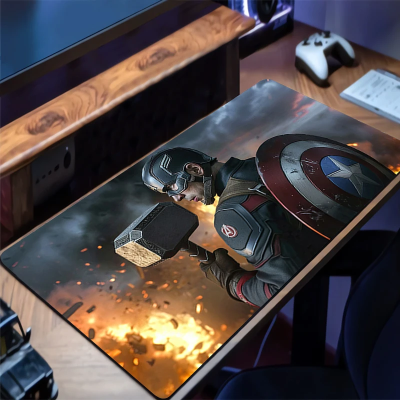 لوحة ماوس كبيرة كابتن أمريكا مشغلات الرياضة الإلكترونية سجادة كمبيوتر محمول ألعاب لوحة المفاتيح حصيرة لوحة الماوس حافة شرابة بيضاء مطاطية الجدول حصيرة