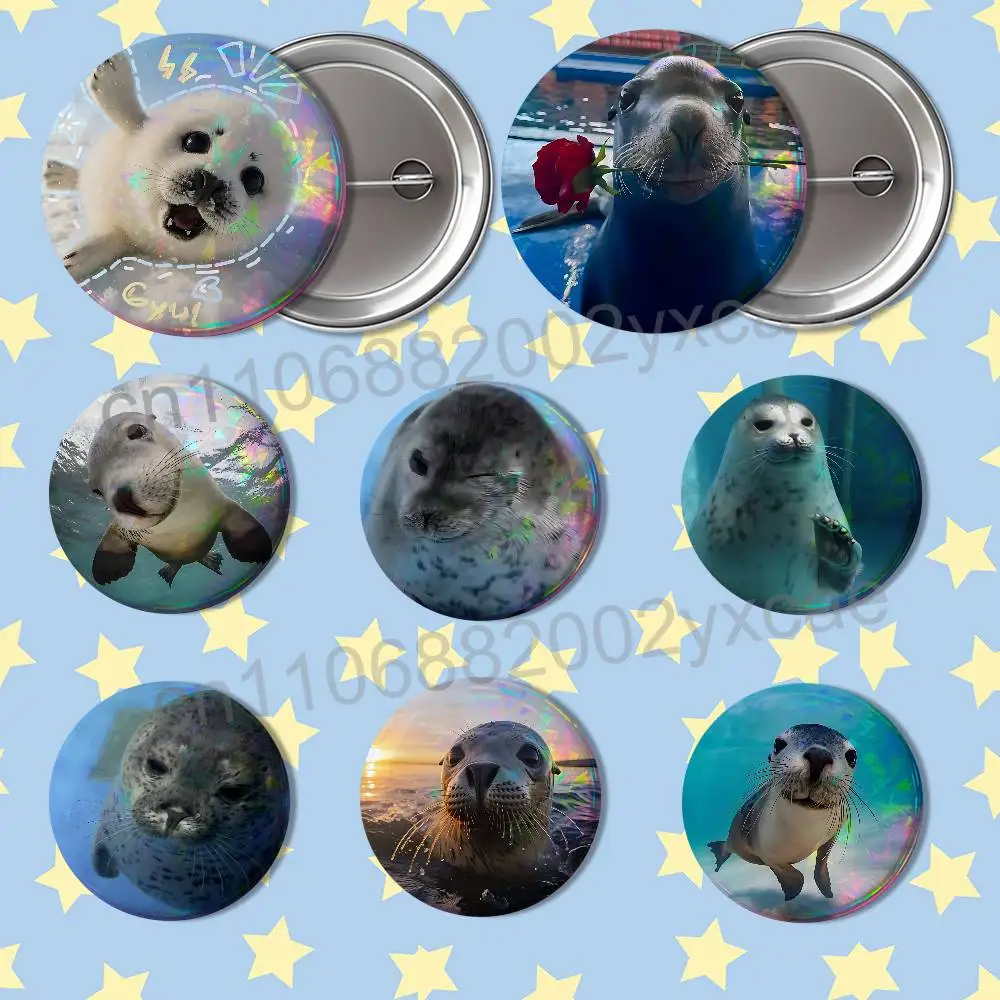 Screaming sea lion Seal Sea 58mm 44mm Round Pins Creativity Printed Pictures Text Metal Lapel Badges Brooches Jewelry
