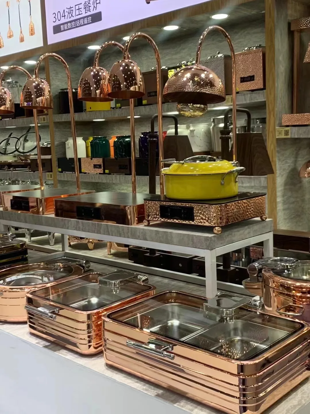 Lampada Riscaldante per Alimenti a Doppia Testa in Acciaio Inox Oro Rosa, Controllo Digitale, Piastra Elettrica Riscaldante per Buffet