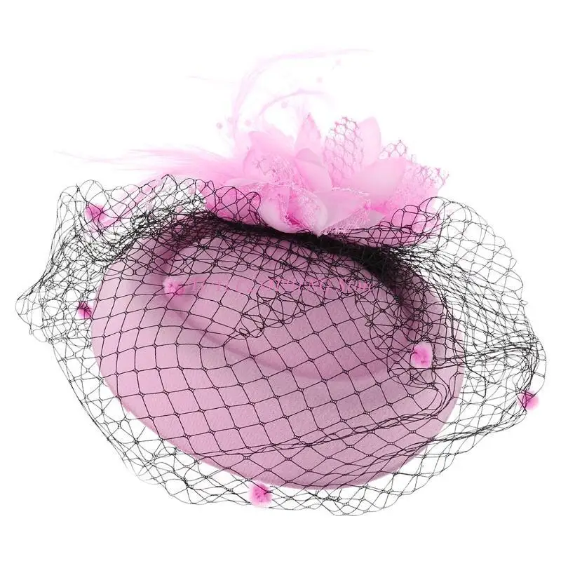 N5KF Womens Fascinator Hat Mesh Veils Flower Furry Pearls Beaded Cap Hair Clip Wedding Bridals Headwear