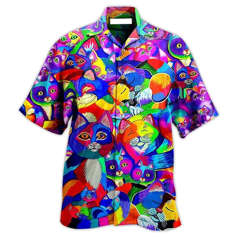 3D Printed Colorful Cat Graphic Shirts For Men Summer Short Sleeve Casual Button Up Vacation Beach Shirts Mens Plus Size Tees