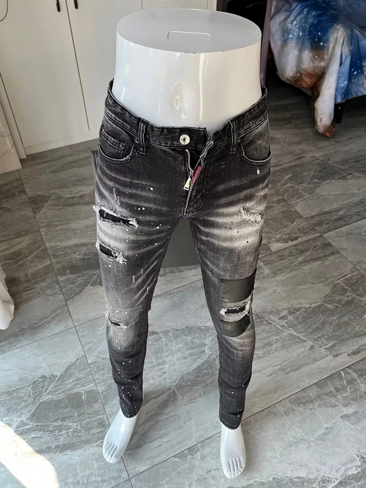 

Мужские джинсы Slim Fit: весна-осень-зима, с эффектом потертости, нашивками, вставками из ПУ, с дырками, модные, со средней посадкой, длинные, повседневные