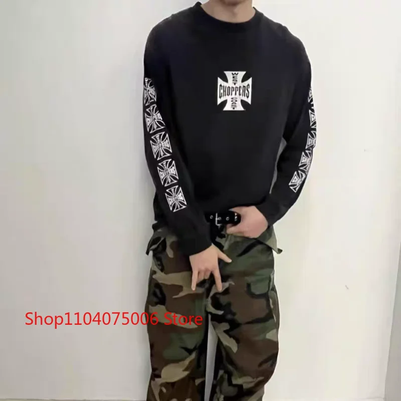 Mens West Coast Choppers Cross Print Loose Pullover Vintage Washed Long Sleeve Casual T Shirt image 6