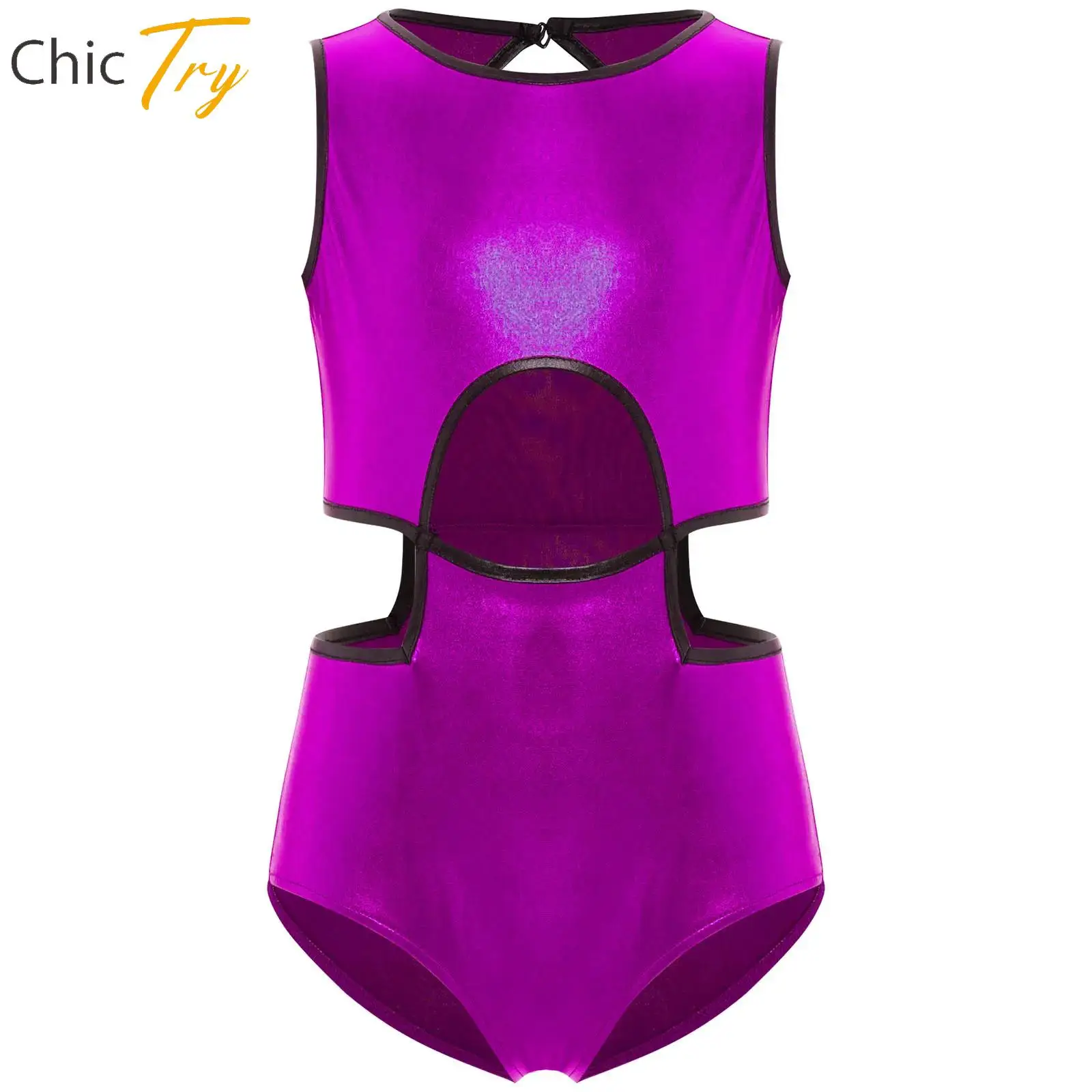 

Kids Girl Figure Skating Bodysuit Gymnastics Dance Performance Costume Sleeveless Contrast Trim Cutout Metallic Leotard Swimwear