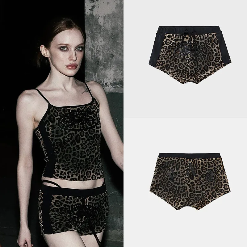 Retro Sexy Leopard Print Shorts Women's Street Style Casual High Waist Tight Fit Straight Leg Pants Asymmetrical Summer Hot P...