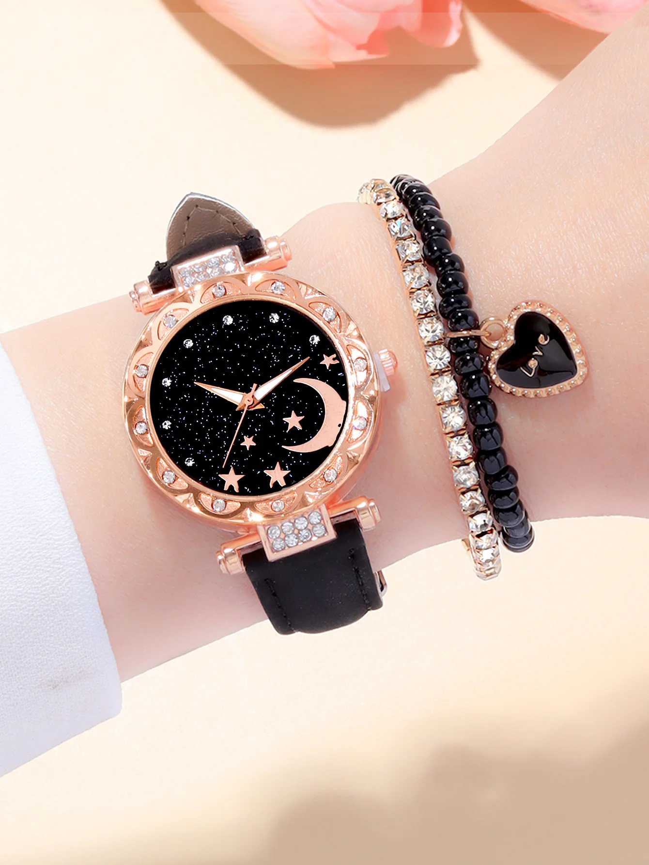 3PCs Fashion Versatile Starry Sky Diamond Embedding orologio al quarzo con cintura da donna con Set di braccialetti con inclusione di diamanti
