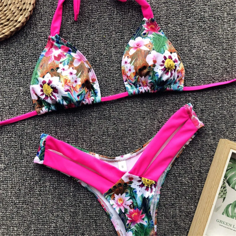Neues zweiteiliges Bikini-Set, gelb-rosa, mit floralem Muster, brasilianischer Bikini, Damen-Badebekleidung, Badeanzug, Badebekleidung, V1199. – Detail 14