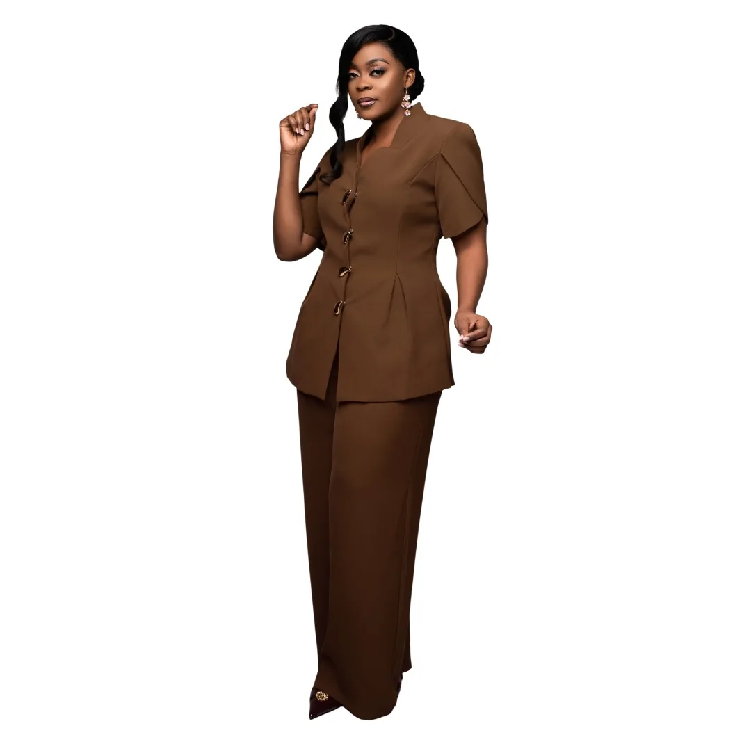 Gaun Wanita Setelan Jas Elegan Jaket Single-Breasted dan Celana untuk Wanita Satin 2 Potong Setelan Kustom W6231