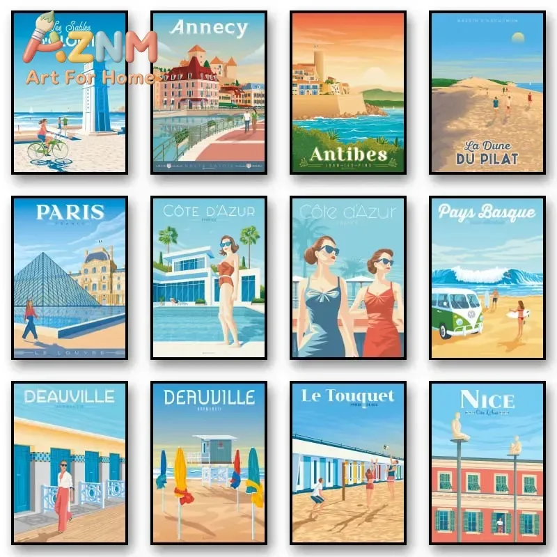 AZNM Retro France Travel Canvas Wall Art European Coastal City Beach Landscape Frameless Print Poster for Home Wall Decor