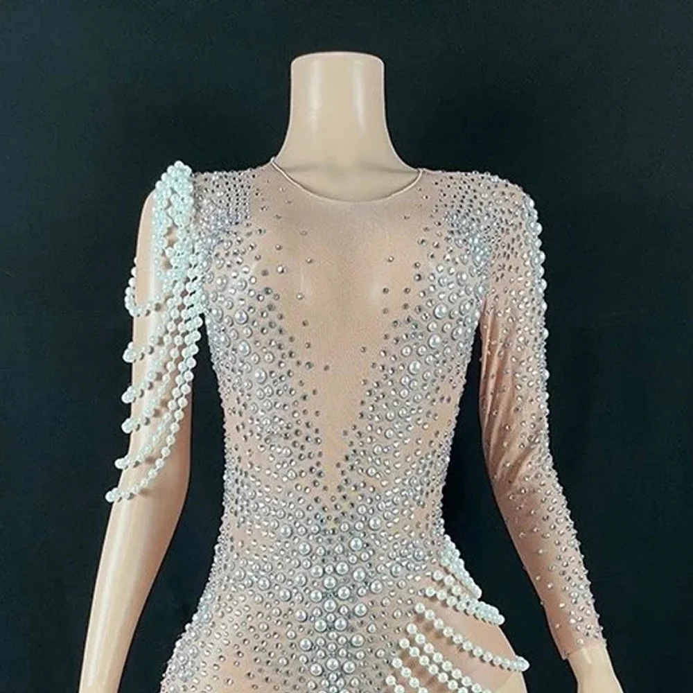 Bodysuit maternidade embelezado para mulheres, sessão fotográfica da gravidez, macacões luxuosos do clube, charmoso Sexy Beading Pérola Rhinestion