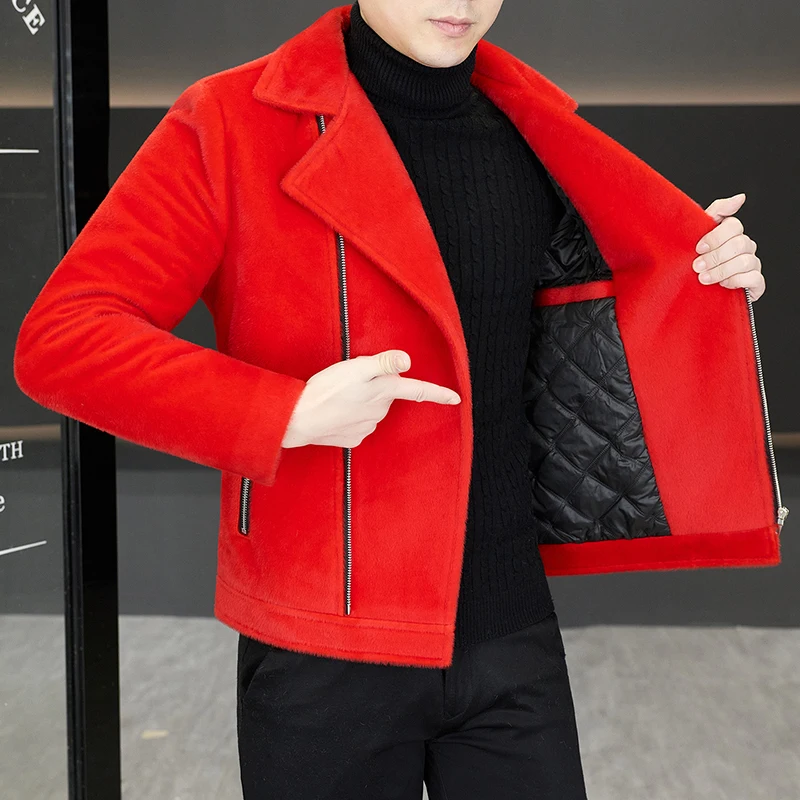 

Autumn Winter Men's Mink Fur Jacket Lapel Motorcycle Jackets Windproof Thick Short Windproof Coat Men's Woolen Overcoat