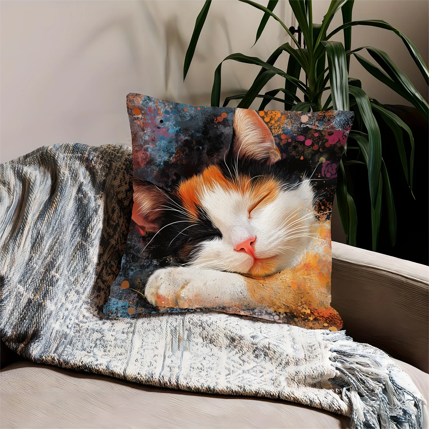 Decorative Cat Pillowcase Cute Sleeping Kitty Throw Cushion Cover Art Print 40x40cm Pet Decor Bed Home Gift