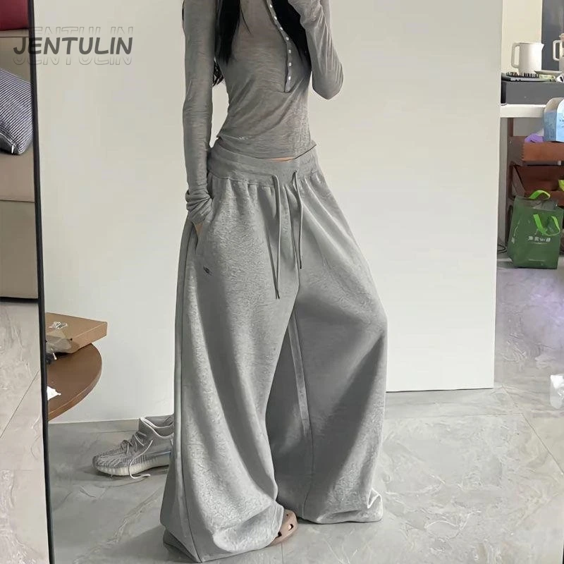 

American Retro Trend Korean Streetwear Oversized Woman Black Casual Sweatpants High Waist Wide-Leg Pants Loose Jogging Pants