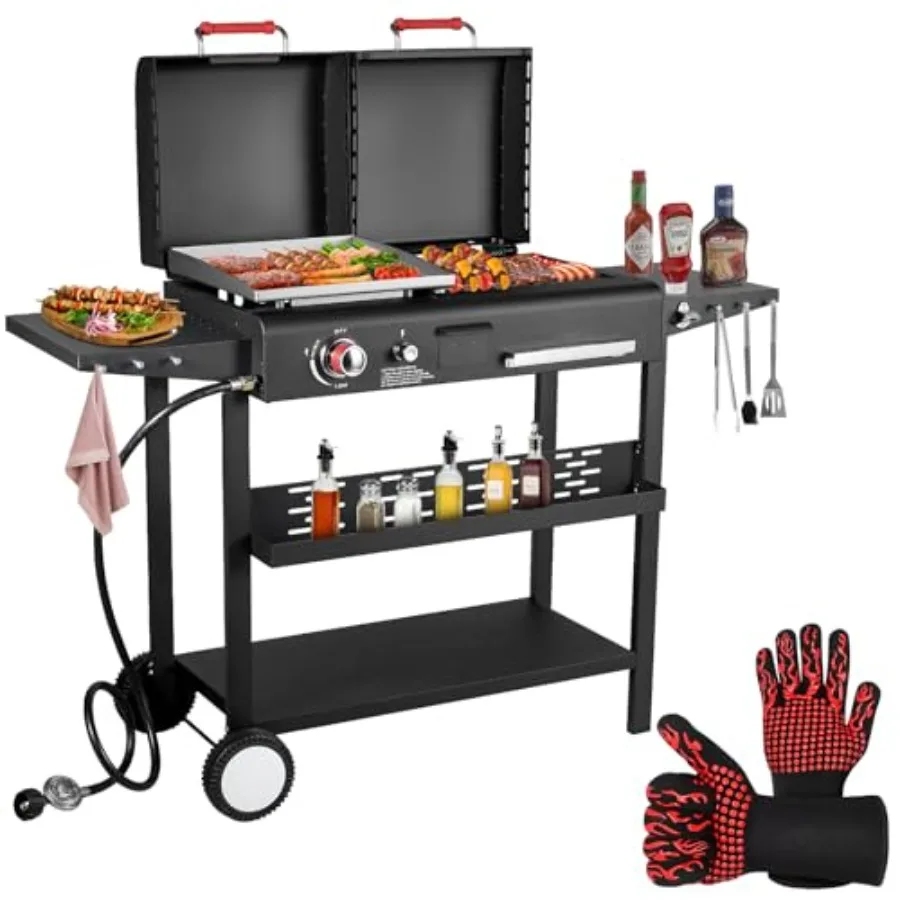Outdoor barbecue propane gas griddle charcoal grill combo with flat top, dual lids, 2 side shelves, dual fuel capability, stain