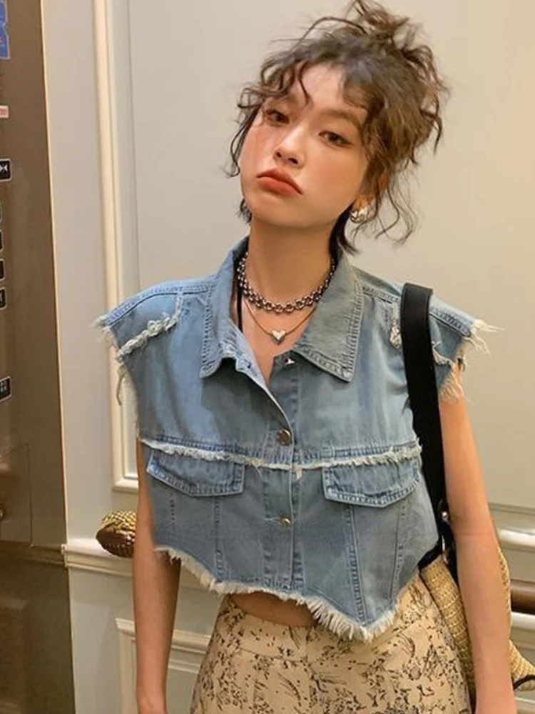 

American Women's Clothing Vintage Denim Vests Turn Down Collar Sleeveless Raw Patchwork Solid Color Coats Summer Loose