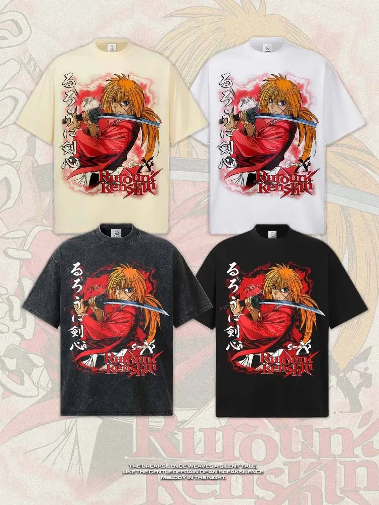 Himura Kenshin Japanese-Style Samurai Anime T-Shirt Oversized Fit Pure Cotton High-Street Trend Graphic Print Unisex