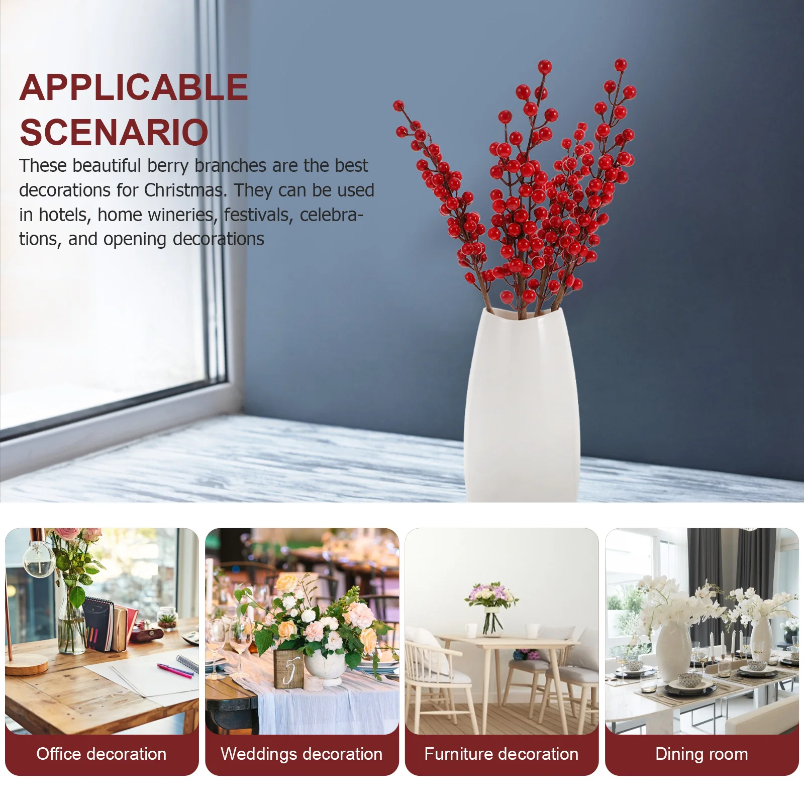 

4pcs Artificial Christmas Decoration Red Berry Branches Home Festive nament Simulated Plant DIY Craft Supplies