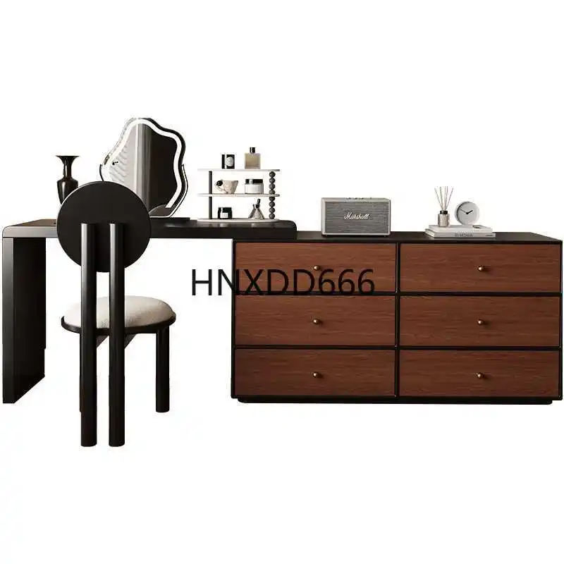 طاولة مكياج باللون الأسود من خشب الجوز مع مساحة تخزين وأثاث غرفة نوم مدمجة ومكتب مدمج مع أدراج لتوفير المساحة