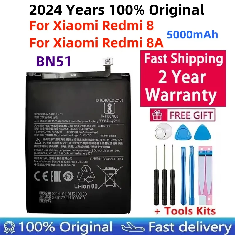 

2024 Years 100% Orginal BN51 5000mAh Battery For Xiaomi Redmi 8 Redmi 8A Redmi8 Replacement Batteries Bateria Fast Shipping