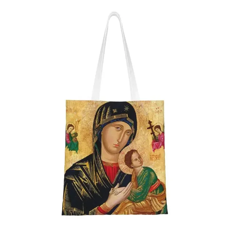 Our Lady Of Perpetual Help Grocery Tote Shopping Bag Women Roman Catholic Virgin Mary Canvas Shoulder Shopper Bags Handbags