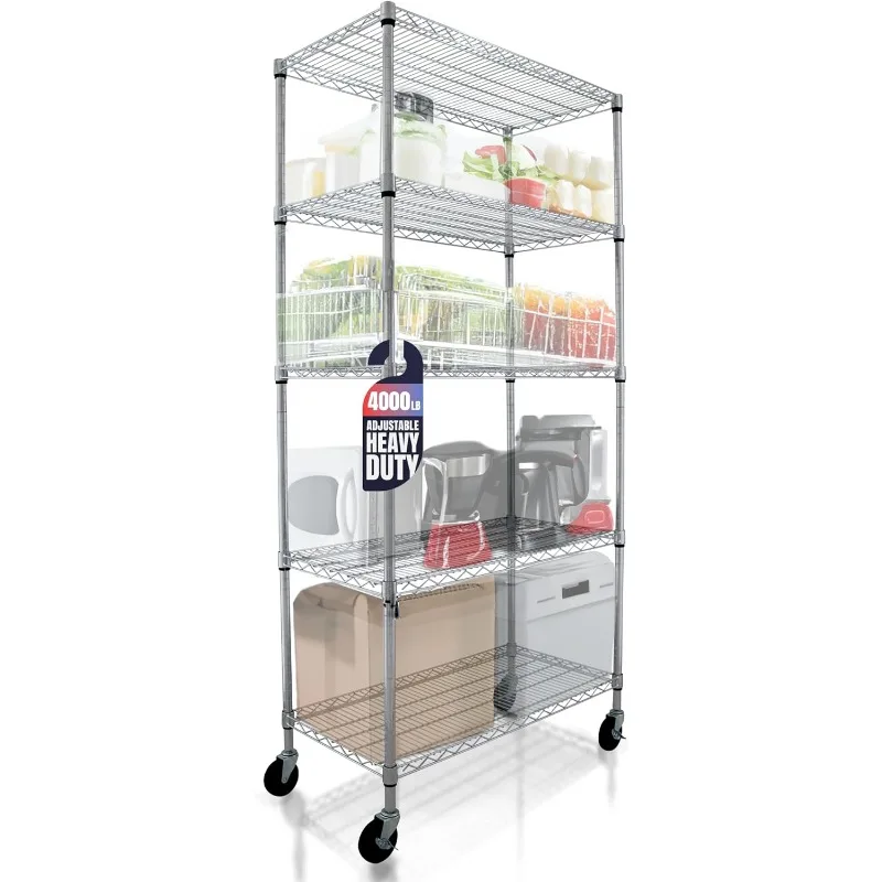 Crescent, Chrome  Garage Shelving, 5 Tier Wire Shelving Rack for Kitchen Storage, Heavy Duty Shelving for Home Storage