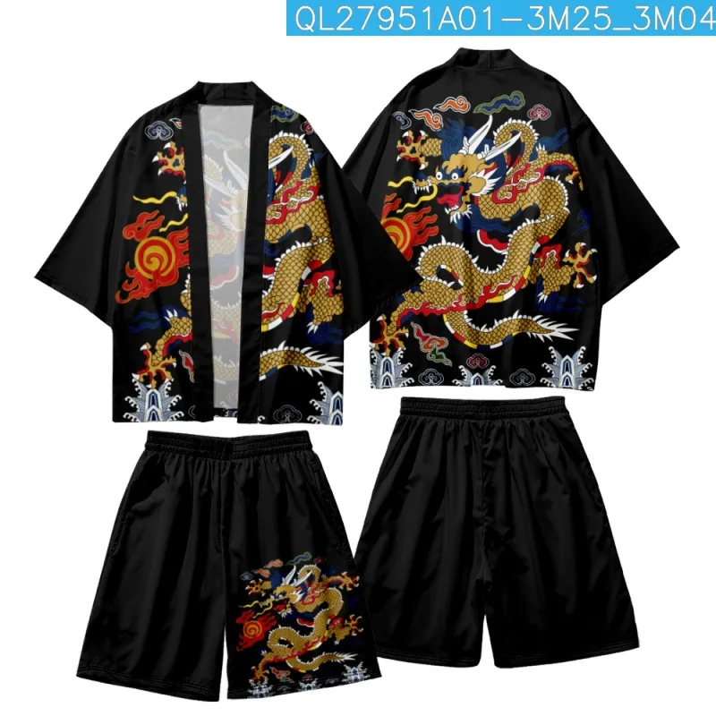 Hot Sale Harajuku Traditional Sakura Samurai Dragon Print Two-piece Suit Yukata Women Kimono Japanese Cardigan Men Cosplay Haori